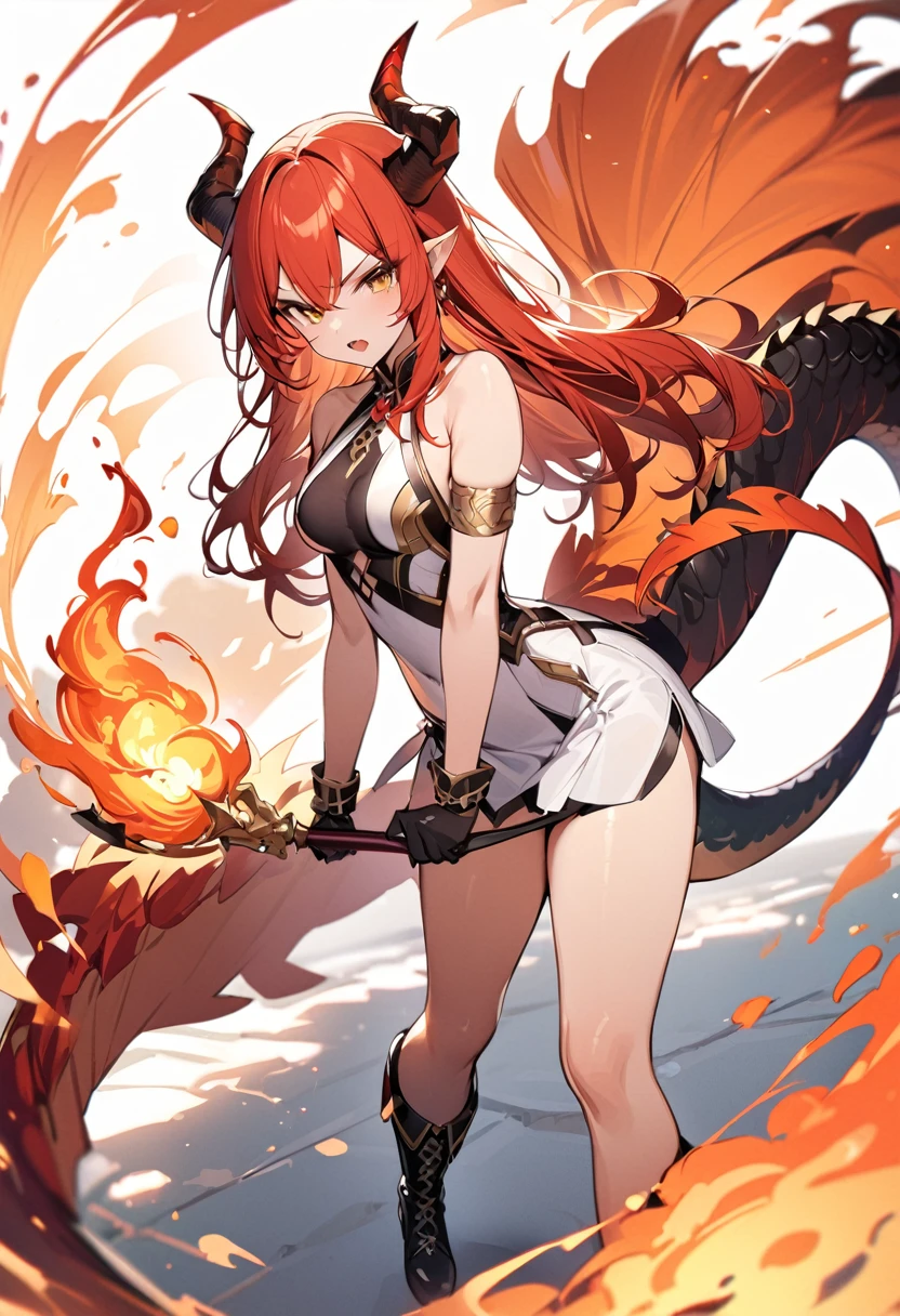 (masterpiece:1.2), (highest quality:1.2), 1girl, fire, solo, tail, horns, dragon-tail, dragon-girl, orange-hair, gloves, dress, dragon-horns, white-dress, looking-at-viewer, black-gloves, standing, bare-shoulders, full-body, red-hair, bangs, open-mouth, armlet, breasts, brown-eyes, scales, small-breasts, black-footwear, fiery-hair, hair-between-eyes, sleeveless, skirt, sleeveless-dress, jewelry, v-shaped-eyebrows, boots, orange-skirt
