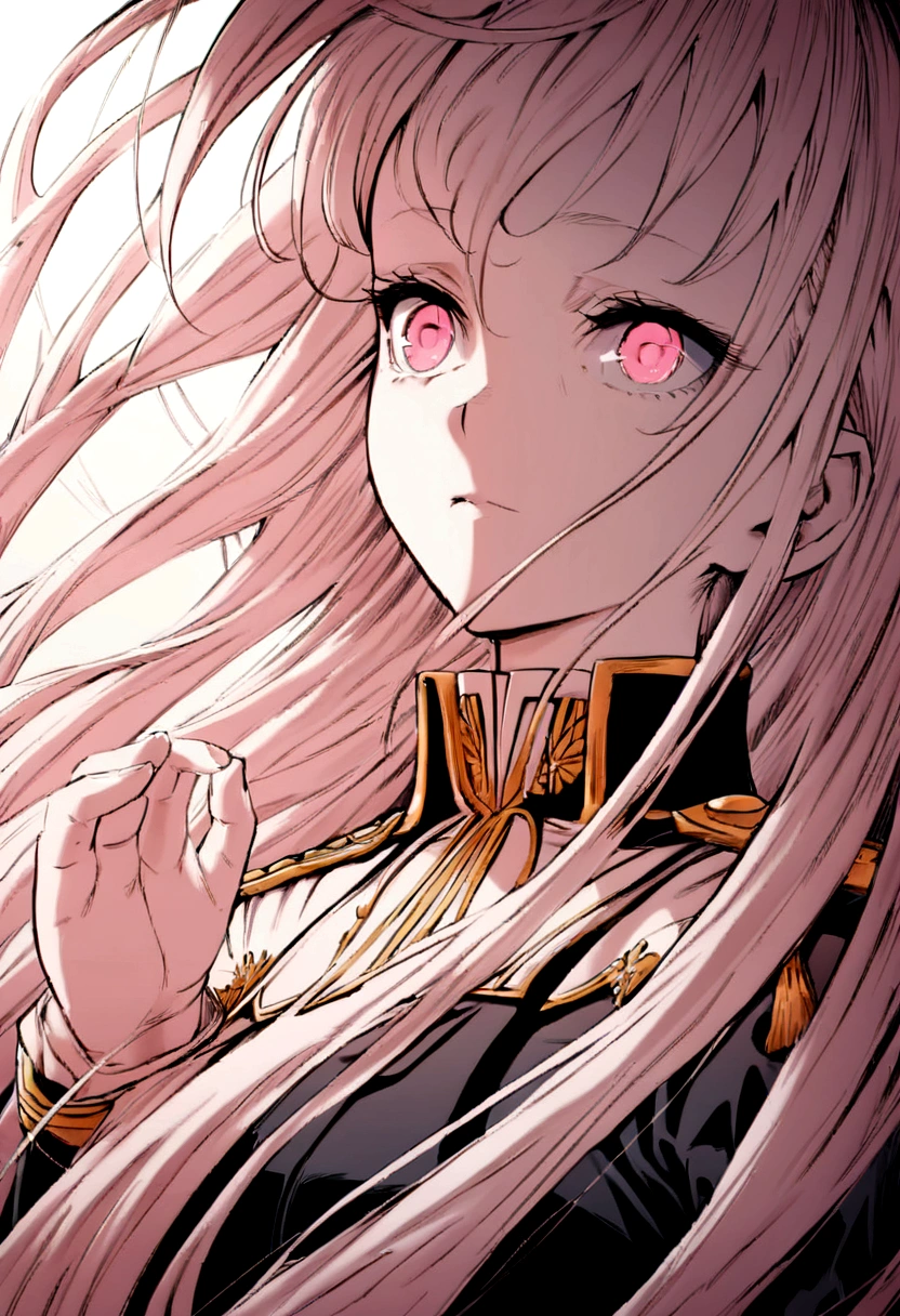 delicate face, By Kohei Horikoshi, Upper part of the body, Human, girl, two hands, soft pink eyes, very long hair very white and neat, uniform, high quality, 8k, ultra detailed, dynamic poses, front angle, beautiful light and shadow, detailed decoration, detailed lines