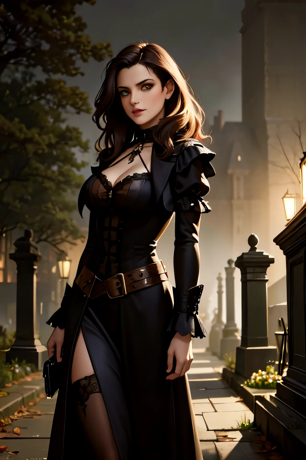 Cinematic, Vampire slayers, walks in an Gothic cemetery at night wearing a gothic steampunk fashion dress, fog and rainy condition, ghostly atmosphere, 1800s, (high skin detail: 1.2), ultra-detailed, photo-realistic, depth of field, cinematic lighting, IMAX camera, HDR, DTM, Full HD, 8k , captured in ultra high resolution with photorealistic and beautiful lighting. This masterpiece is of the best quality and is set against a zentangle abstract background (weighted at 1.4).