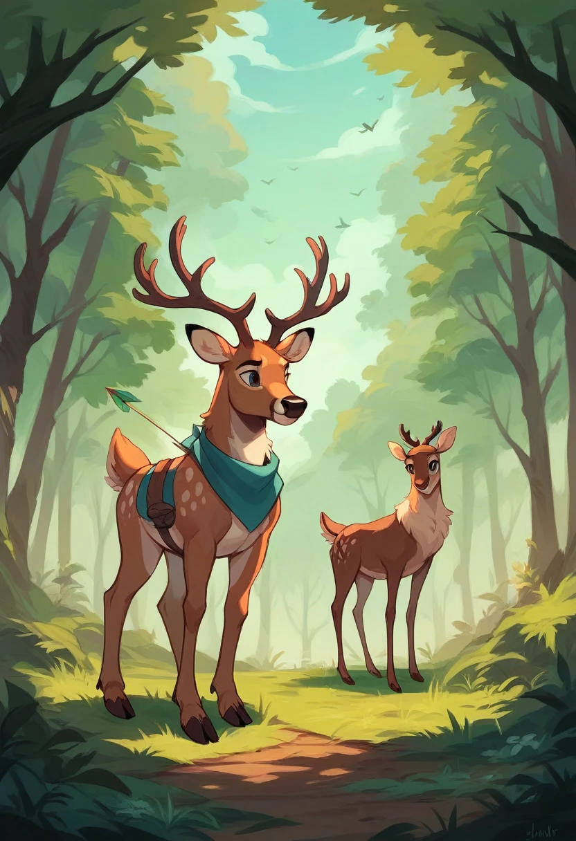 A man hunting deer with a bow and arrow in a beautiful forest