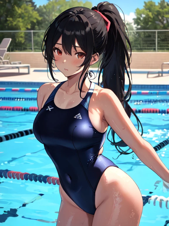 Long Hair, ponytail, Black Hair, School Swimsuit, Pool, uhd, retina, masterpiece, ccurate, anatomically correct, textured skin, super detail, high details, high quality, best quality, highres, 4K