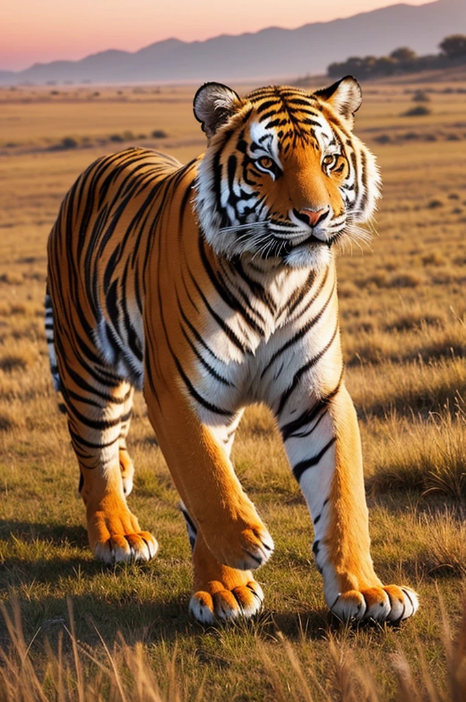 create an image of a tiger in the field looking forward with dry grass at sunset