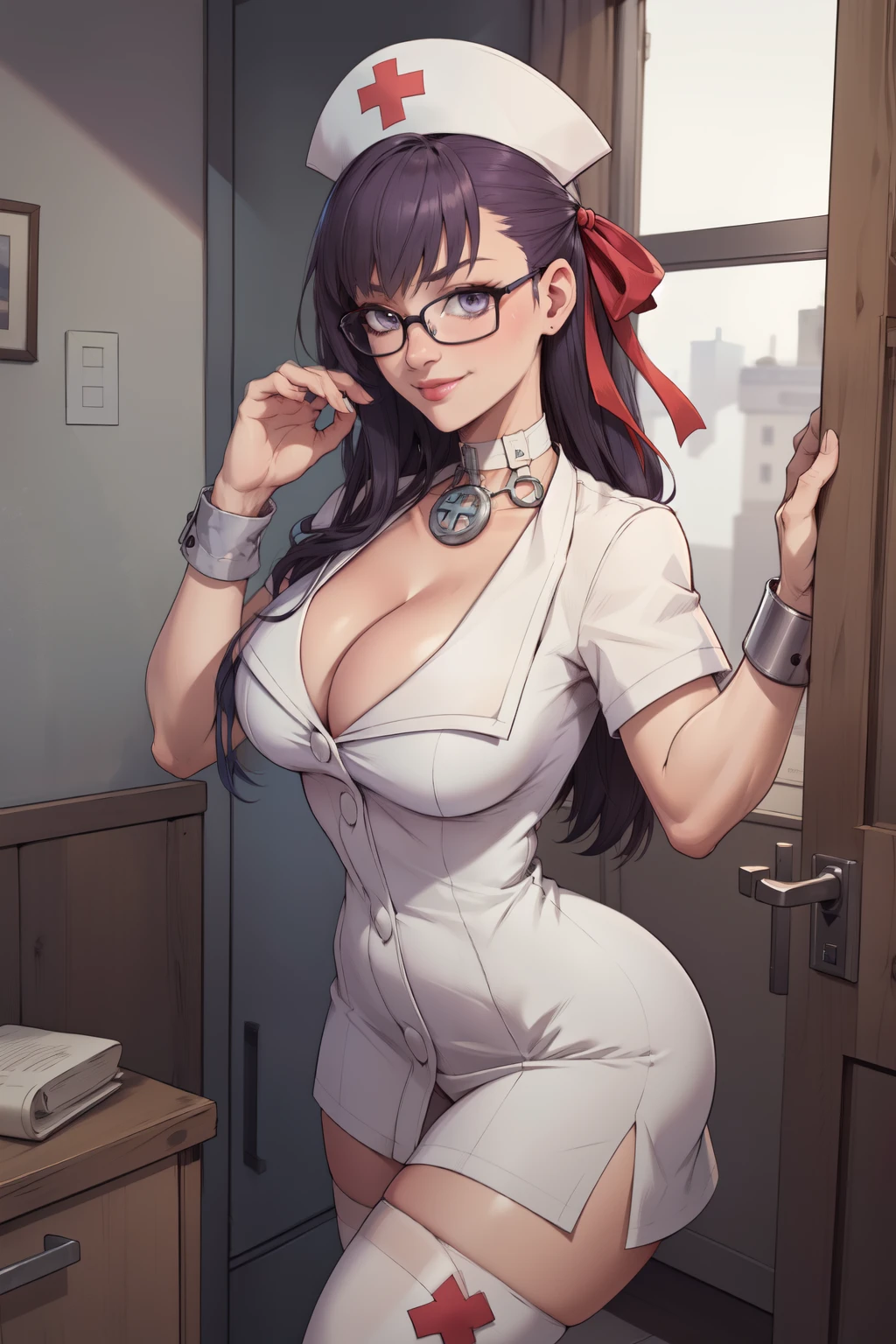 (masterpiece, best quality, absurdres, 4k, aesthetic, detailed, intricate),infirmary,1girl,bbnurse, hair ribbon, nurse cap, glasses, white dress, short sleeves, wrist cuffs, white thighhighs, choker, cleavage,slight smile