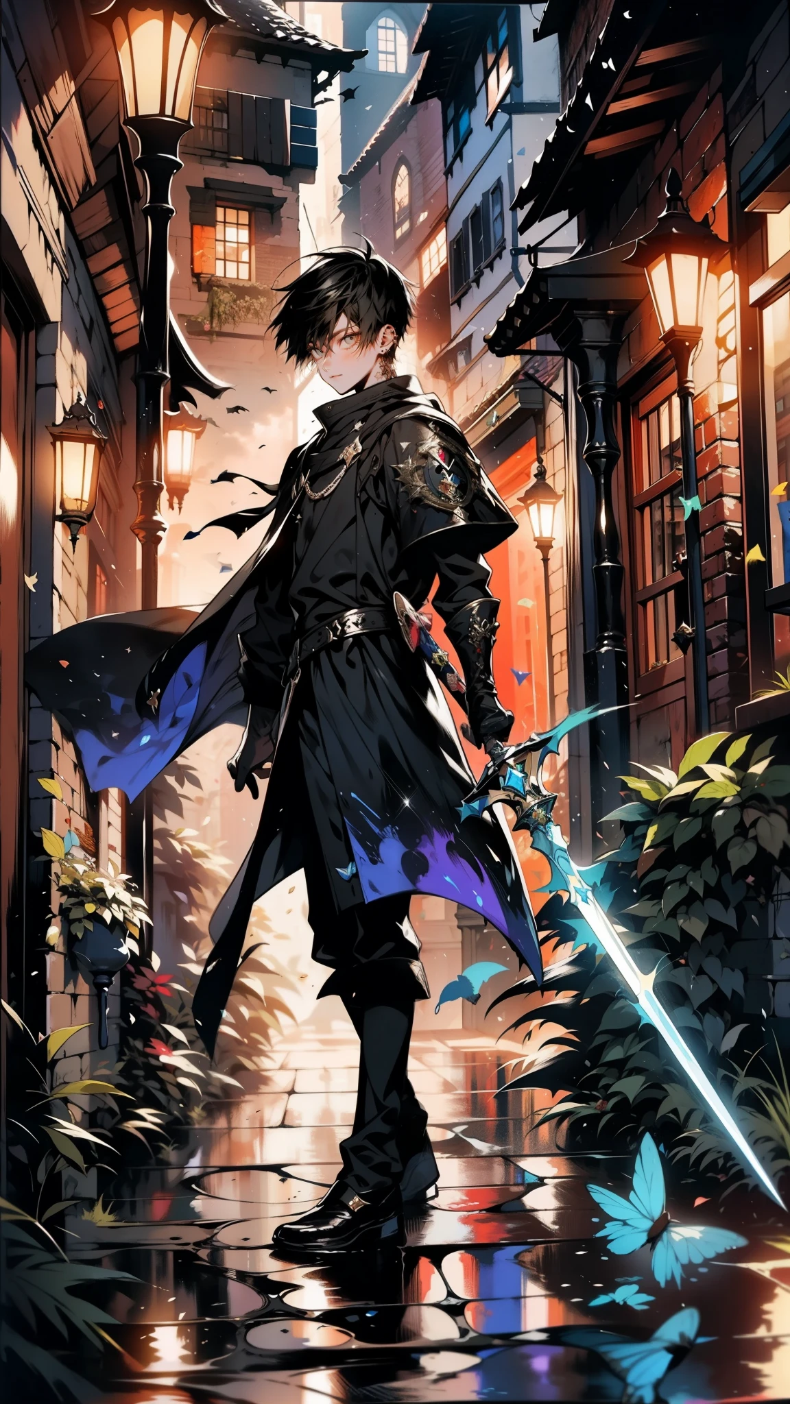 A  boy standing on a cobblestone street at dusk, wielding a enchanted sword and shield, posing, with glittering fairy tale creatures around her and leaves gently falling, and the scene is depicted in Pre-Raphaelite art style with an urban fantasy theme. Elegant, ethereal, vivid, fantasy world, dark background, clean design, epic, artstation, colorful paint splatter, silhouette, hyper detailed intricate details, unreal engine, fantasy, splash screen, complementary colors, deviantart masterpiece, oil painting, heavy strokes, paint dripping, indifferent expression