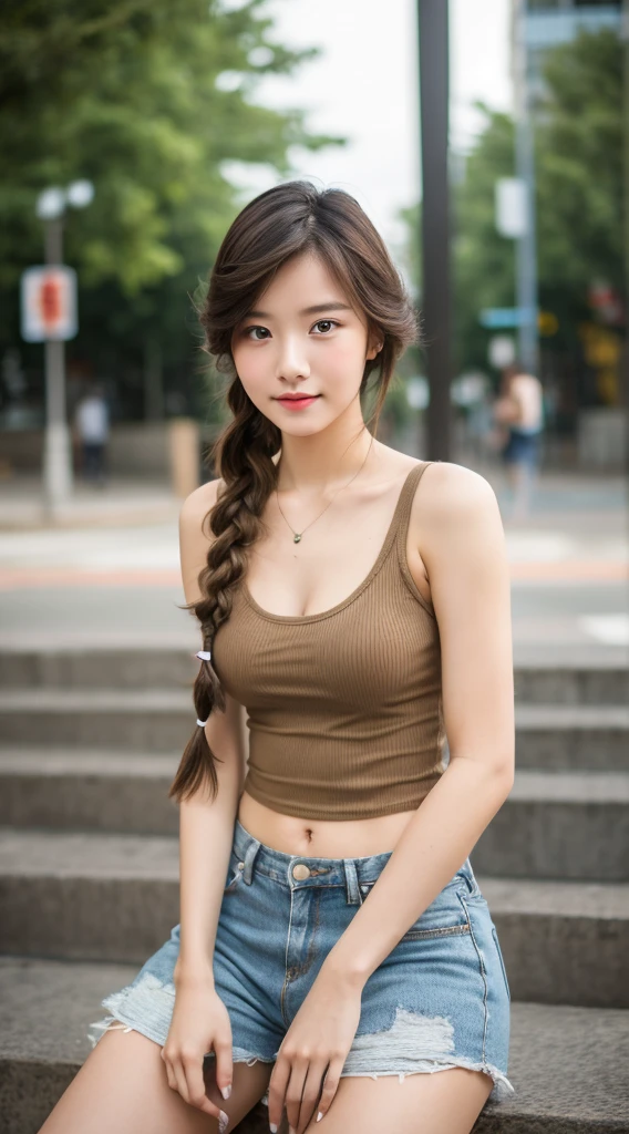 Realistic photos of (1 cute girl) single braid, thin makeup, 32 inch breasts size, wearing tank top and shorts jeans, sitting in front of the university, upper body portrait, cinematic lightning, UHD