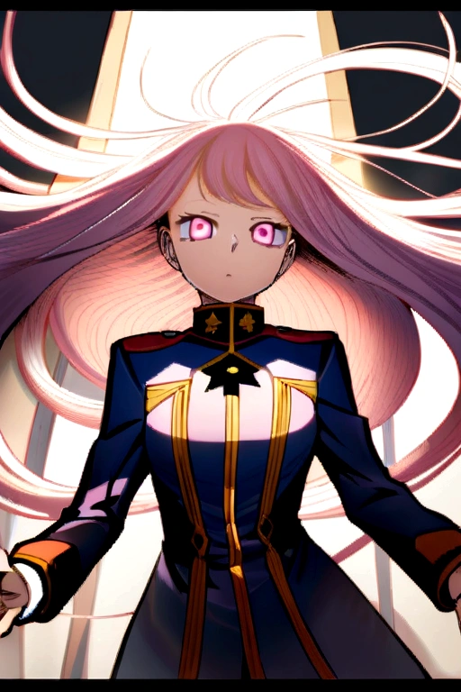 delicate face, animated face, By Kohei Horikoshi, Upper part of the body, Human, two hands, soft pink eyes, very long hair very white and neat, uniform, high quality, 8k, ultra detailed, dynamic poses, front angle, beautiful light and shadow, detailed decoration, detailed lines