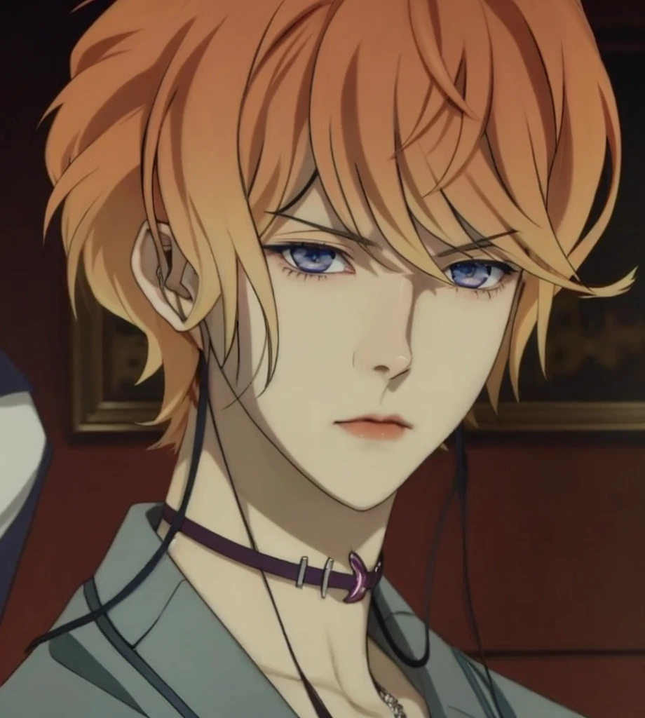 anime boy with orange yellow hair and dark blue eyes in a suit, reiji sakamaki, diabolik lovers, anime guy with dark blue eyes, anime handsome man, realistic, ultra details