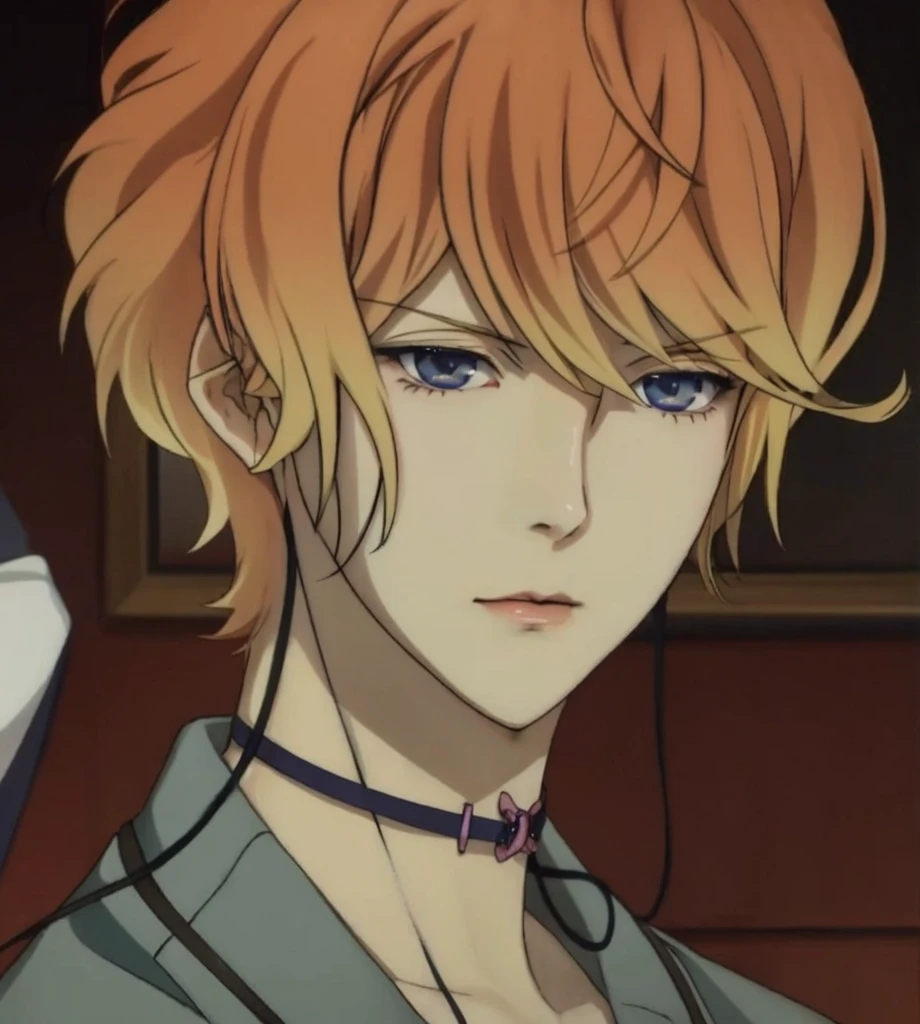 anime boy with orange yellow hair and dark blue eyes in a suit, reiji sakamaki, diabolik lovers, anime guy with dark blue eyes, anime handsome man, realistic, ultra details