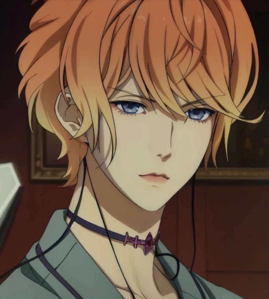 anime boy with orange yellow hair and dark blue eyes in a suit, reiji sakamaki, diabolik lovers, anime guy with dark blue eyes, anime handsome man, realistic, ultra details