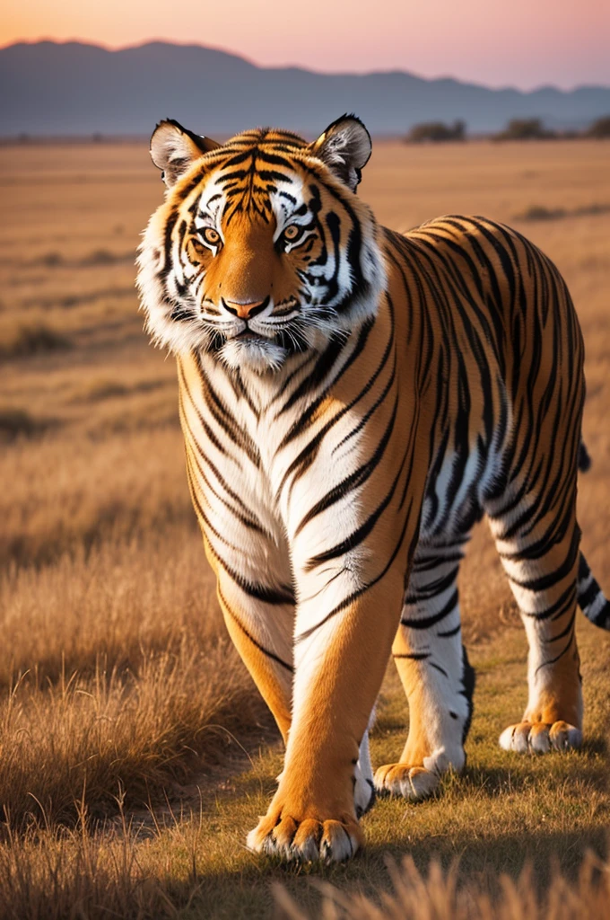 create an image of a tiger in the field looking forward with dry grass at sunset