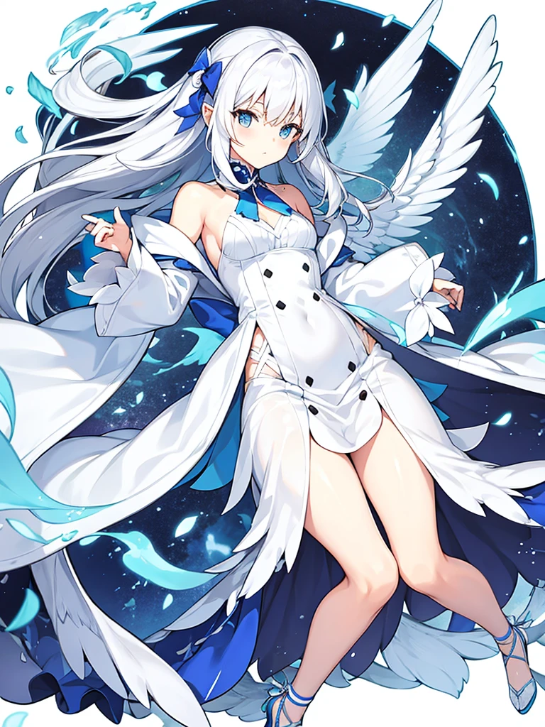 White hair, side tail, blue ribbon, off the shoulder coat, wing dresses, white wing