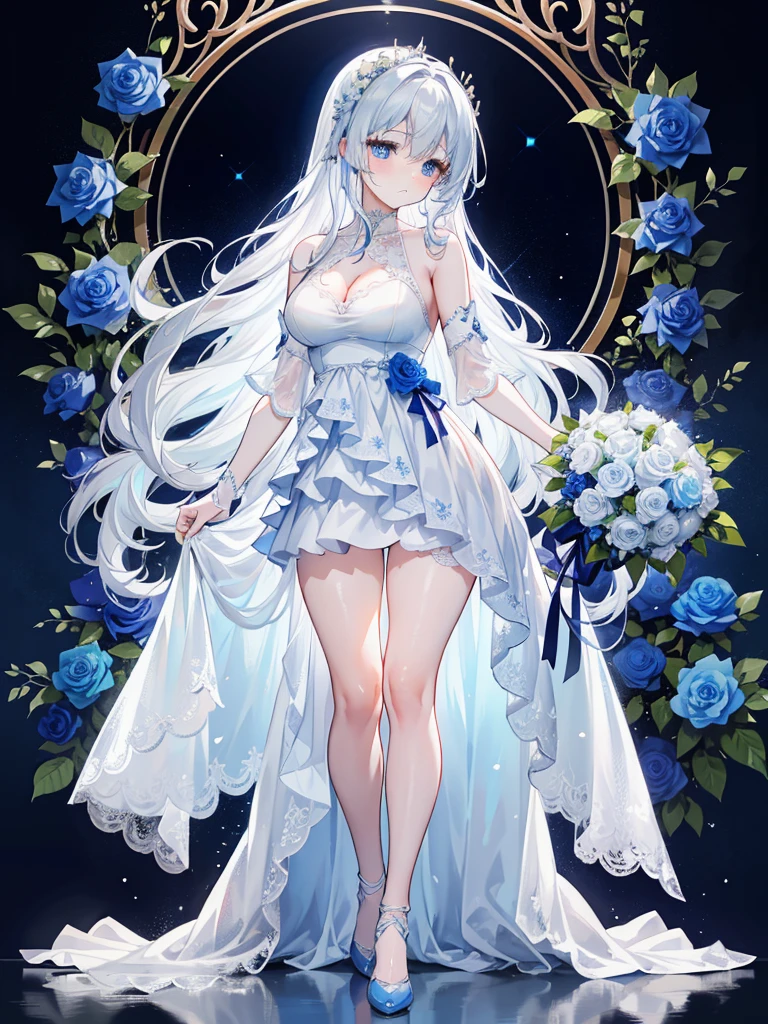 A fragile woman of a certain age with an aura of sadness、Holding a bouquet of blue roses、I am so emotional I am crying、Round, droopy blue eyes、Fine wavy long white hair、Medium breasts and curvy legs、White Wedding Dress、Wearing glass heels、Standing pose