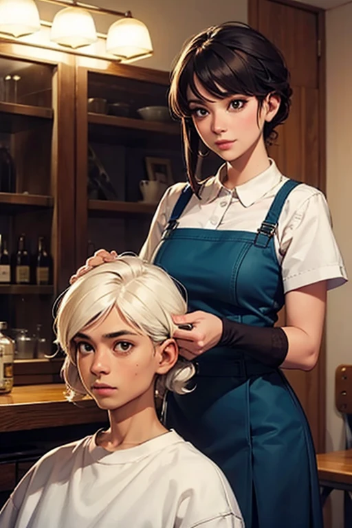 The photo shows a woman and an elementary school boy.、barber、A young and very beautiful woman(Wearing a white barber's uniform:1.4)、skirt、Cutting a boy's hair、少年はbarberのイスに座る、A kind smile、Fine facial features、Beautiful Eyes、Long eyelashes、Highly detailed and realistic cinematic lighting、Glowing Skin、Delicate hands、Warm tones、Soft focus background、
