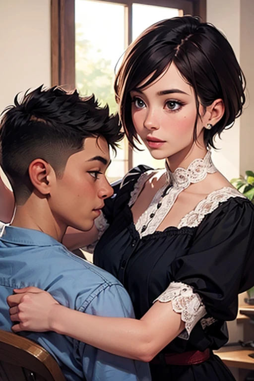 The photo shows a woman and an elementary school boy.、barber、A young and very beautiful woman(Wearing a white barber's uniform:1.4)、skirt、Cutting a boy's hair、少年はbarberのイスに座る、A kind smile、Fine facial features、Beautiful Eyes、Long eyelashes、Highly detailed and realistic cinematic lighting、Glowing Skin、Delicate hands、Warm tones、Soft focus background、