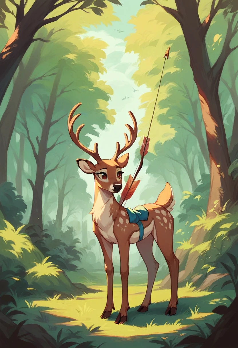 A woman hunting deer with a bow and arrow in a beautiful forest 