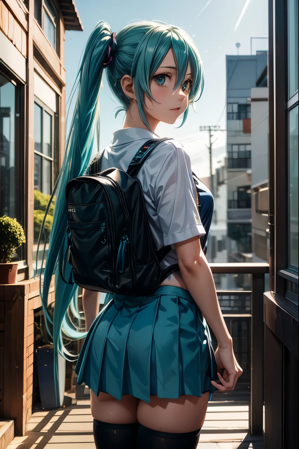 anime girl with long blue hair and a backpack standing in front of a balcony, mikudayo, anime moe artstyle, portrait of hatsune miku, anime girl with teal hair, hatsune miku short hair, anime style 4 k, hatsune miku portrait, hatsune miku, anime art wallpaper 8 k, anime wallpaper 4k, anime wallpaper 4 k, hatsune miku, 1girl, cute anime girl, turquoise blue hair, twin tails, detailed facial features, beautiful detailed eyes, beautiful detailed lips, extremely detailed face, longeyelashes, school uniform, pleated skirt, thigh-high socks, headphones, holding microphone, glowing neon sci-fi background, digital art, 8k, high resolution, photorealistic, cinematic lighting, vibrant colors, intricate details