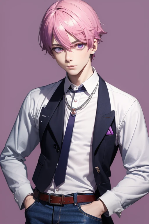 Gumball Handsome 18 year old boy with pale pink hair, pale pink skin, pierced ears, purple eyes, pale purple open jean vest, white shirt with candy print, black belt, red jeans, necklace with blue gem, looking directly at the viewer. a white background.