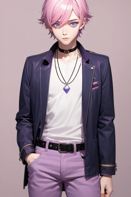 Gumball Handsome 18 year old boy with pale pink hair, pale pink skin, pierced ears, purple eyes, pale purple open jean vest, white shirt with candy print, black belt, red jeans, necklace with blue gem, looking directly at the viewer. a white background.