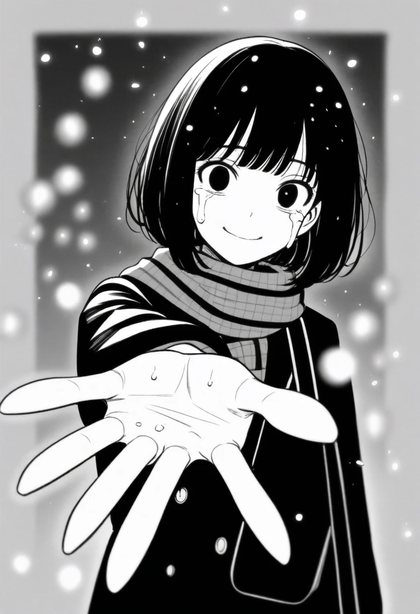 masterpiece, best quality, 1girl, mamerakkkkko, grayscale, manga style, japanese, chi no wadachi, black eyes, street, iced, black hair, schoolbag, smile, lineart, black coat, black scarf, black pleated skirt, leggins, centered, 18 years old, tall, fair skinned, bokeh background, crying, tears, tears streaming, bob cut, light particles, centered, snowing, (((reaching one hand toward viewer, reaching out one hands towards the viewer, hand)))
