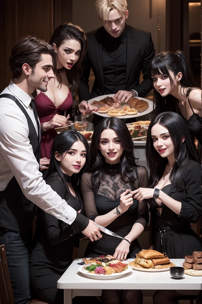make an image of 6 people interacting at a table: an alpha male, a Sigma male, a dark goth emo, a psychopath with a knife in her hand smiling with a crazy face and with Ananindeuense blood, a psychology student and a seductive pink and black Tramontina non-stick pan