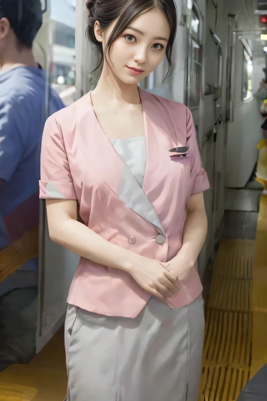 (masterpiece:1.2, Highest quality:1.2), 32k HDR, High resolution, (alone、1 girl)、 (Height: 160cm)、(On the rooftop of a building in the daytime、Professional Lighting)、Building rooftop background、(Nankai train crew uniform pinkを着たリアルスタイル)、(Nankai train crew uniform pink short sleeve collarless pink jacket、Nankai Train Crew Uniform Pink Collarless Short Sleeve Blouse、Nankai Train Crew Uniform Pink Grey Knee-length Culottes)、(The pink jacket is showing from the culottes.)、Dark brown hair、(Hair tied up、Hair tied up、Evening curly hairstyle)、Dark brown hair、Long Shot、Big Breasts、Thin legs、((Great hands:2.0)),((Harmonious body proportions:1.5)),((Normal limbs:2.0)),((Normal finger:2.0)),((Delicate eyes:2.0)),((Normal eyes:2.0)))、smile、(Nankai Train Crew Uniform Pink Grey Knee-length Culottesを見せた美しい歩く姿)、Place your hands around your stomach、Lanyard employee ID card