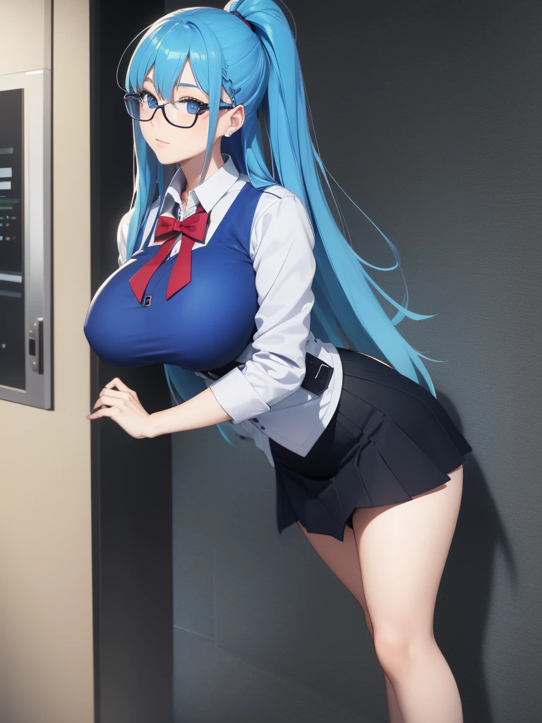 Best quality, anime girl, blue hair, glasses, slim and curvaceous body, skort skirt, big bust