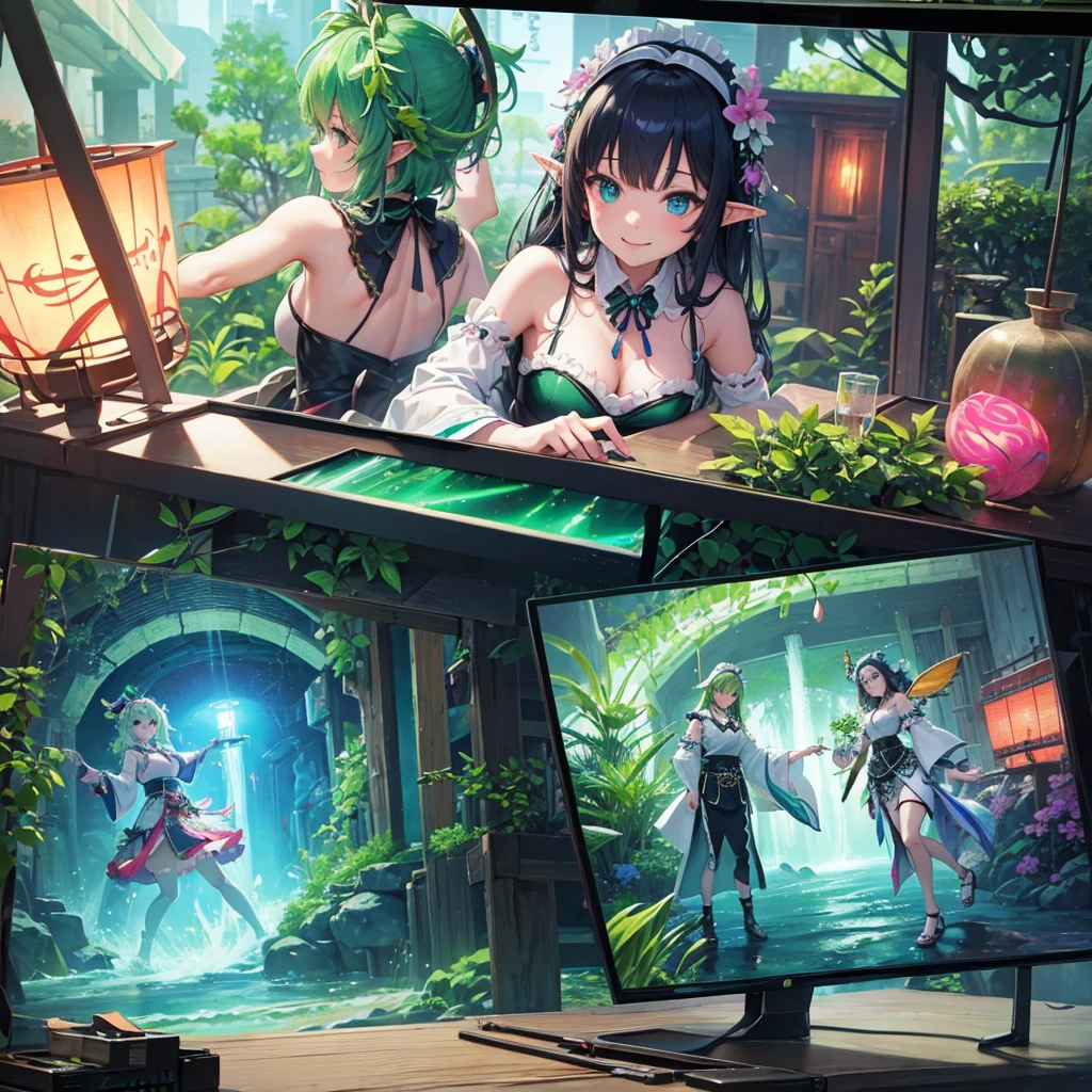 Elf(Maid clothes(kimono) tropical tropicalジュース(tray) Tavern(Adventurer) cyber punk Green light swirling(hologram) Multiple monitors behind(Streaming screen magic circle) Adventurer Medieval Fantasy smile night comics)