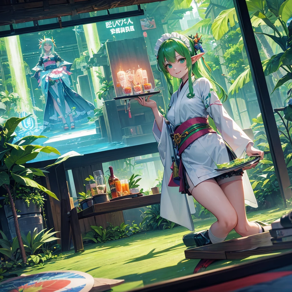 Elf(Maid clothes(kimono) tropical tropicalジュース(tray) Tavern(Adventurer) cyber punk Green light swirling(hologram) Multiple monitors behind(Streaming screen magic circle) Adventurer Medieval Fantasy smile night comics)