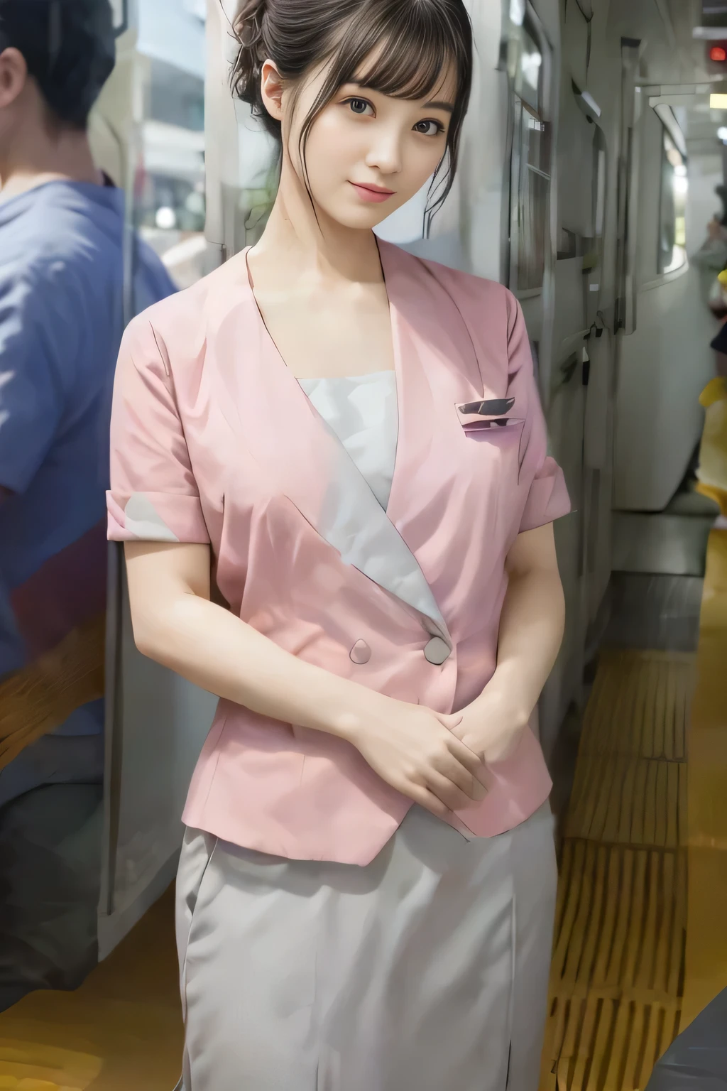 (masterpiece:1.2, Highest quality:1.2), 32k HDR, High resolution, (alone、1 girl)、 (Height: 160cm)、（On the rooftop of a building in the daytime、Professional Lighting）、Building rooftop background、（Nankai train crew uniform pinkを着たリアルスタイル）、（Nankai train crew uniform pink short sleeve collarless pink jacket、Nankai Train Crew Uniform Pink Collarless Short Sleeve Blouse、Nankai Train Crew Uniform Pink Grey Knee-length Culottes）、（The pink jacket is showing from the culottes.）、Dark brown hair、（Hair tied up、Hair tied up、Evening curly hairstyle）、Dark brown hair、Long Shot、Big Breasts、Thin legs、（（Great hands：2.0）），（（Harmonious body proportions：1.5）），（（Normal limbs：2.0）），（（Normal finger：2.0）），（（Delicate eyes：2.0）），（（Normal eyes：2.0））)、smile、（Nankai Train Crew Uniform Pink Grey Knee-length Culottesを見せた美しい歩く姿）、Place your hands around your stomach、Lanyard employee ID card