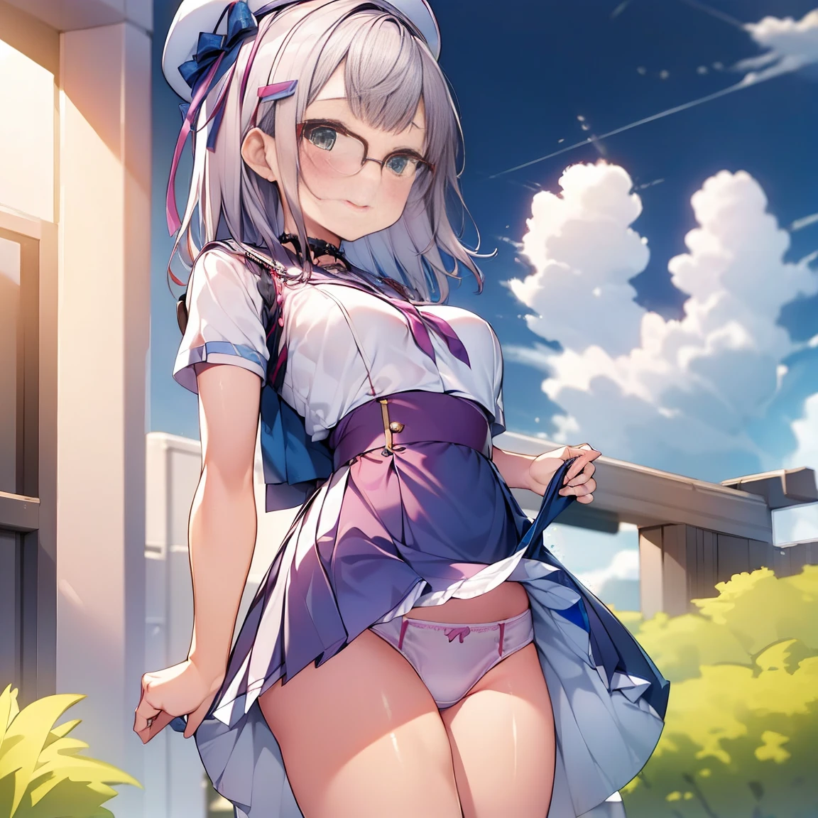 8K、masterpiece、Japanese、Woman wearing glasses、Neon(nod)、from the front、smile、Childish、Small breasts、See-through underwear、night、Bedroom、Show your underwear、mini skirt