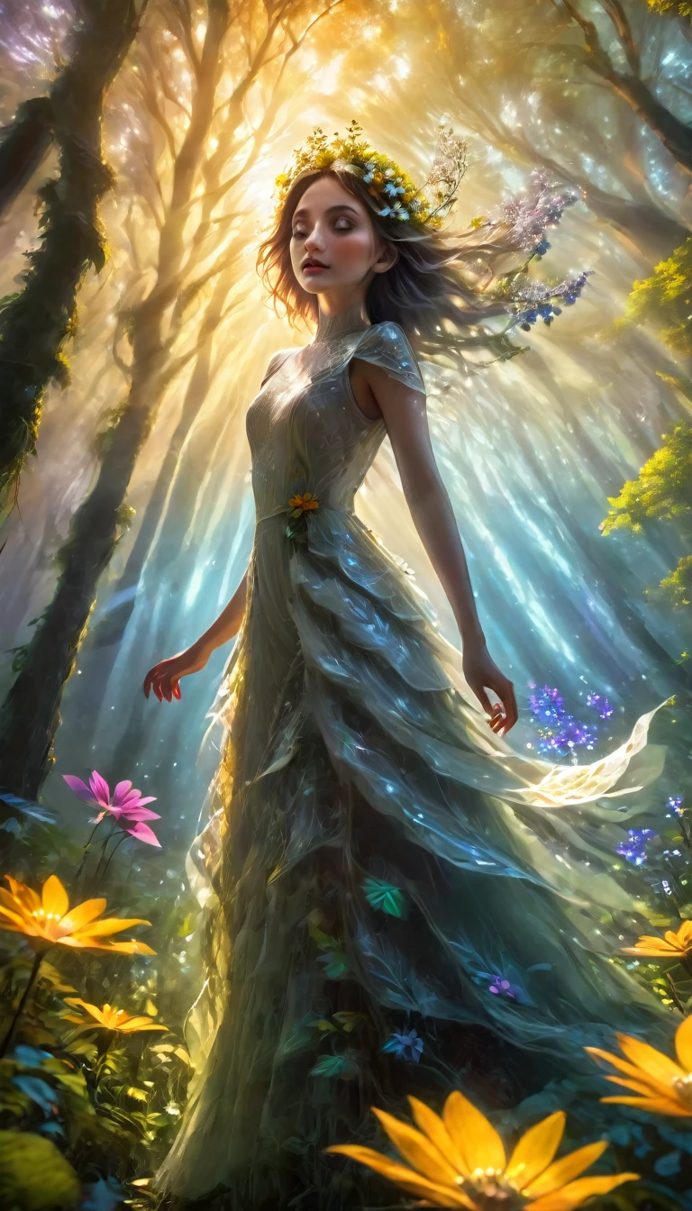 a beautiful forest at dawn, idyllic, magical, majestic, epic lighting, 8K, 1girl, detailed face, detailed eyes, detailed lips, long eyelashes, beautiful dress, serene expression, lush foliage, colorful flowers, sunbeams, photorealistic, cinematic, warm colors, dramatic lighting, intricate details