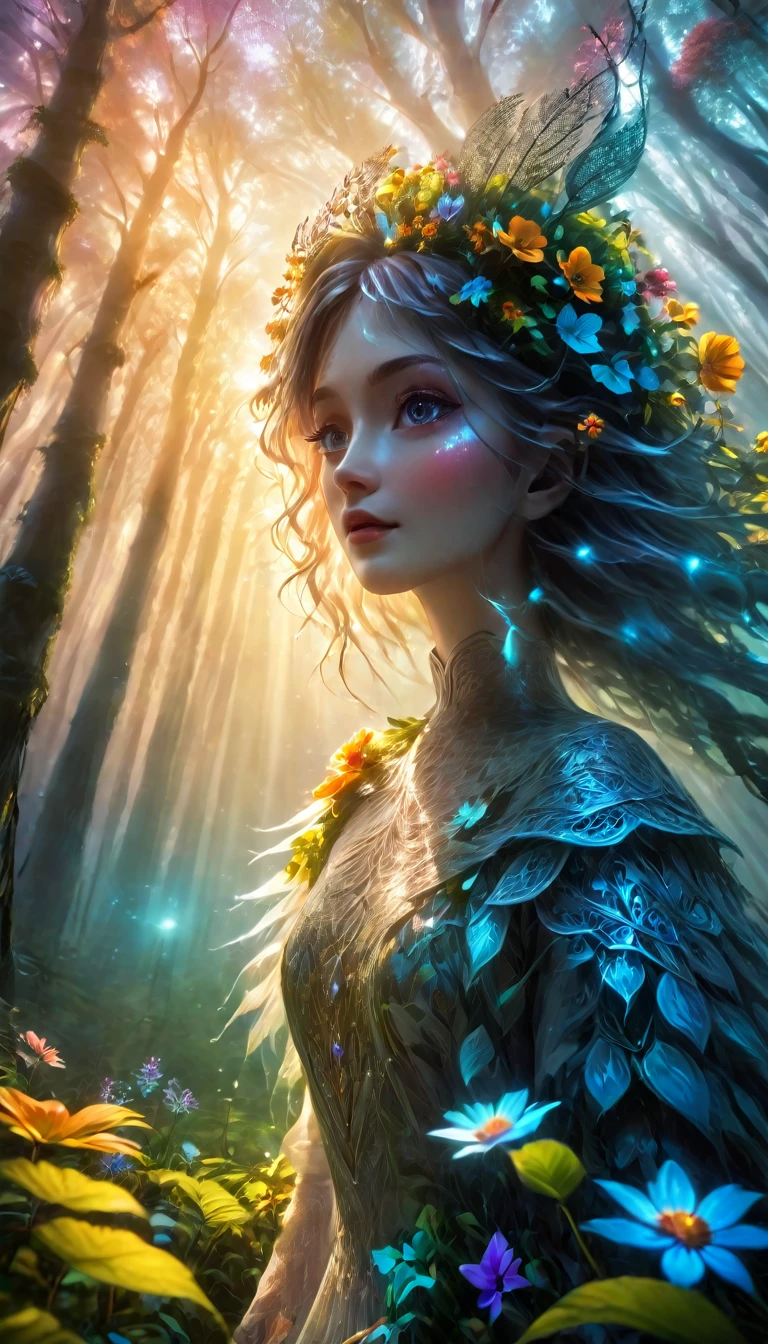 a beautiful forest at dawn, idyllic, magical, majestic, epic lighting, 8K, 1girl, detailed face, detailed eyes, detailed lips, long eyelashes, beautiful dress, serene expression, lush foliage, colorful flowers, sunbeams, photorealistic, cinematic, warm colors, dramatic lighting, intricate details