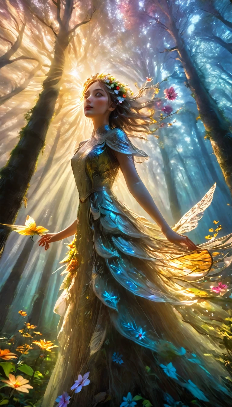 a beautiful forest at dawn, idyllic, magical, majestic, epic lighting, 8K, 1girl, detailed face, detailed eyes, detailed lips, long eyelashes, beautiful dress, serene expression, lush foliage, colorful flowers, sunbeams, photorealistic, cinematic, warm colors, dramatic lighting, intricate details