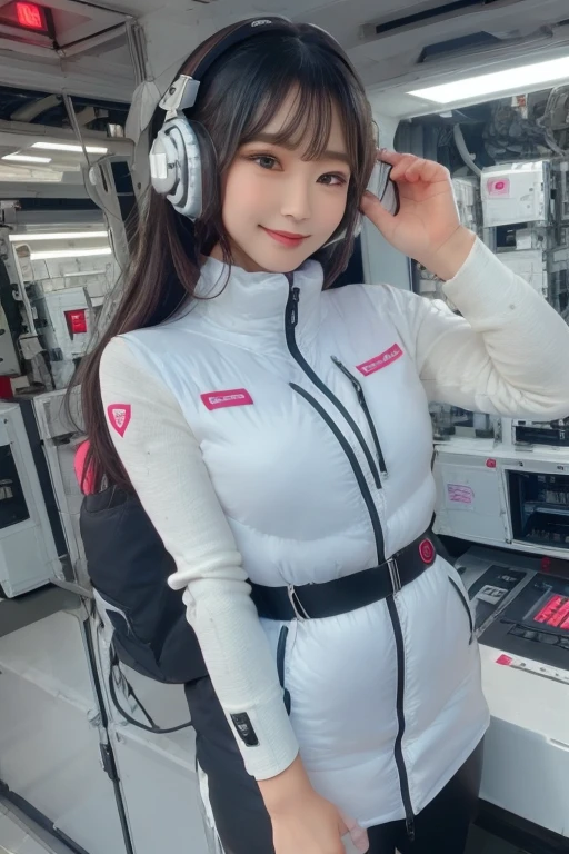 masterpiece, Highest quality, Very detailed, 8K Portrait,Japanese Android Girl,plump , Control panel,Robotic arms and legs, Blunt bangs,,break (Metallic Gray, Metallic luster, Mirror finish, Astro Best):5,headphone:5,break (Black sleeves):100,Smart Watches,Futuristic space station,Control Room,break headphone,blue eyes,(Black Hair):2,(Long Hair):1.3,Displaying the viewer,(respirator),break blush:3,Hidden Hand,smile