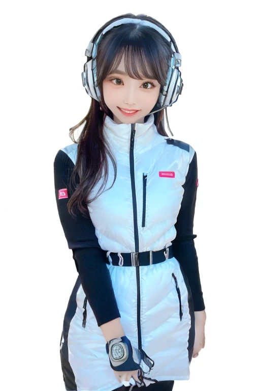 masterpiece, Highest quality, Very detailed, 8K Portrait,Japanese Android Girl,plump , Control panel,Robotic arms and legs, Blunt bangs,,break (Metallic Gray, Metallic luster, Mirror finish, Astro Best):5,headphone:5,break (Black sleeves):100,Smart Watches,Futuristic space station,Control Room,break headphone,blue eyes,(Black Hair):2,(Long Hair):1.3,Displaying the viewer,(respirator),break blush:3,Hidden Hand,smile