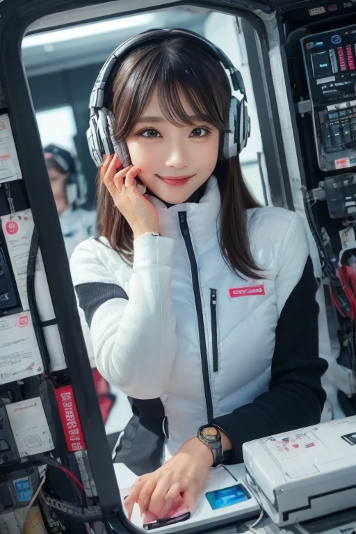 masterpiece, highest quality, Very detailed, 8K Portrait,Japanese Android Girl,plump , Control panel,Robotic arms and legs, Blunt bangs,,break (Metallic Gray, Metallic luster, Mirror finish, Astro Best):5,headphone:5,break (Black sleeves):100,Smart Watches,Futuristic space station,Control Room,break headphone,blue eyes,(Black Hair):2,(Long Hair):1.3,Displaying the viewer,(respirator),break blush:3,Hidden Hand,smile