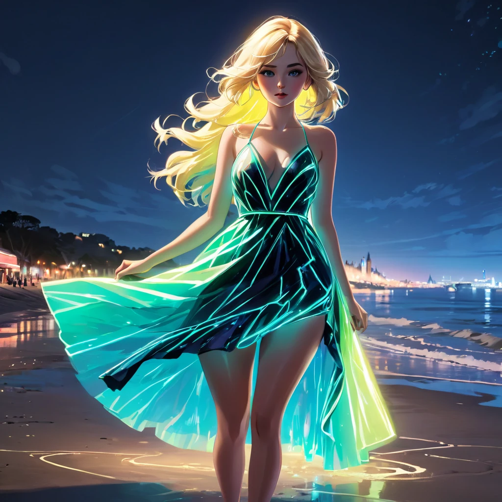 Neon lighting dress, ultra realistic, blonde medium hair, London beautiful woman standing on the beach, focus on the dress and other part is dark