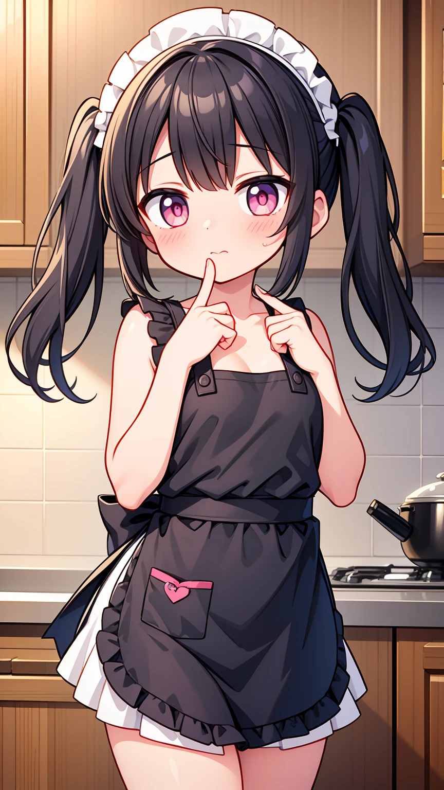 (8K, Highest image quality, highest quality, masterpiece), detailed face, ((loli girl)), (little loli curve) , black hair, short twintails, pink eyes, small breasts, naked apron, cowboy shot, put your hand on your mouth, kitchen background, ((very blushing)), ((detailed hands and fingers)), viewer perspective from below, (very blushing), apron only, (rest of the naked body)