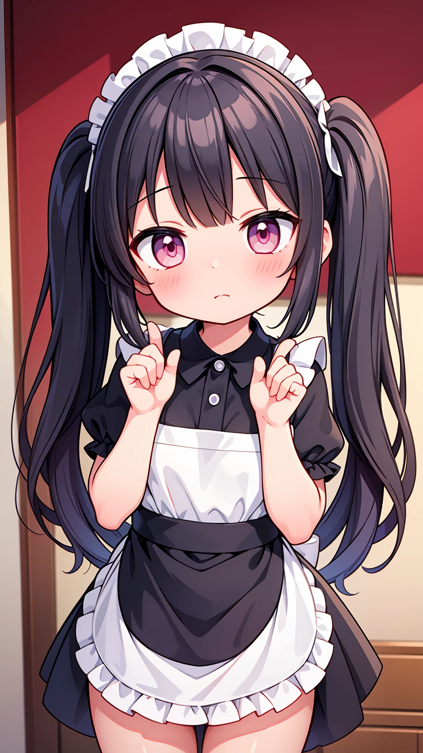 (8K, Highest image quality, highest quality, masterpiece), detailed face, ((loli girl)), (little loli curve) , black hair, short twintails, pink eyes, small breasts, naked apron, cowboy shot, put your hand on your mouth, kitchen background, ((very blushing)), ((detailed hands and fingers)), viewer perspective from below, (very blushing), apron only, (rest of the naked body)