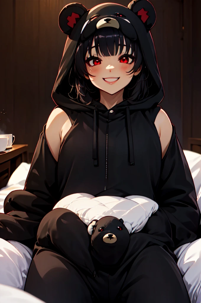 beautiful, (Masterpiece), Best Quality, (extremely detailed face), extremely detailed eyes,  perfect lighting, General detail,(junkotvv) detailed, deep skin,textured skin,
,Bear costume ,black Bear costume, long sleeves, hood up,,mauve , long black fur, Red eyes, big smile,in bed ,sitting between pillows,
,