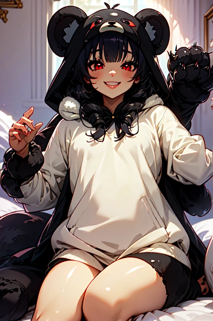 beautiful, (Masterpiece), Best Quality, (extremely detailed face), extremely detailed eyes,  perfect lighting, General detail,(junkotvv) detailed, deep skin,textured skin,
,Bear costume ,black Bear costume, long sleeves, hood up,,mauve , long black fur, Red eyes, big smile,in bed ,sitting between pillows,
,