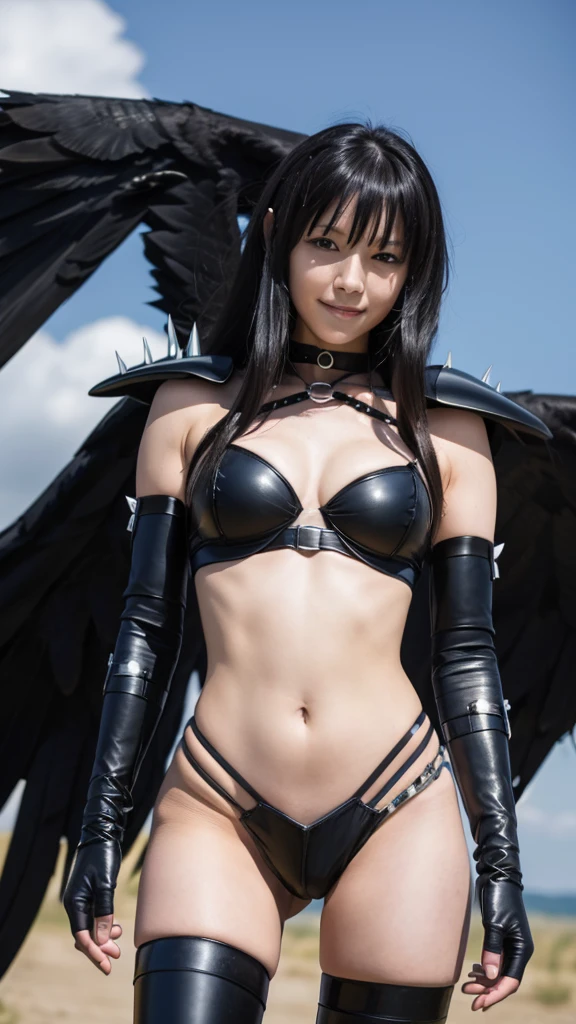 masterpiece, best quality, highres, aaraynare, long hair, black hair, black wings, choker, o-ring, shoulder armor, pauldrons, spikes, black bikini, belt, elbow gloves, black gloves, midriff, thighhighs, standing, smile, cowboy shot, outdoors,