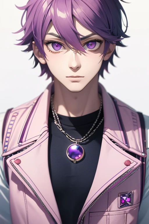 Gumball Handsome 18 year old boy with pale pink hair, pale pink skin, pierced ears, purple eyes, pale purple open jean vest, white shirt with candy print, black belt, red jeans, necklace with blue gem, looking directly at the viewer. a white background.