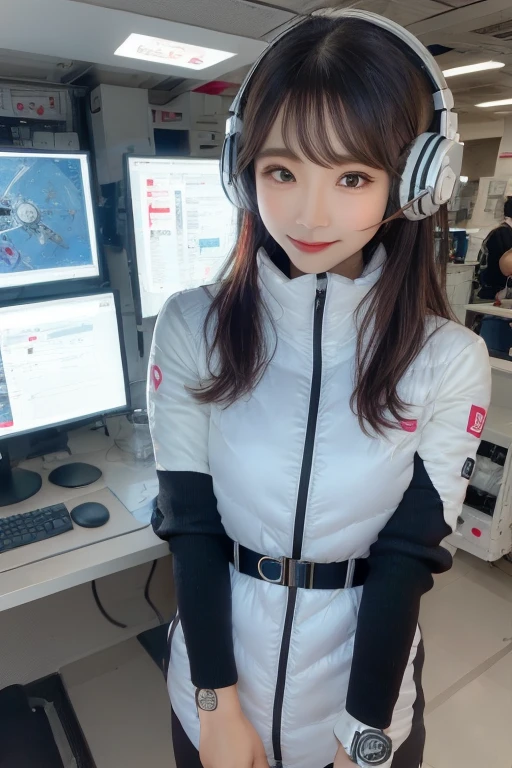 masterpiece, Highest quality, Very detailed, 8K Portrait,Japanese Android Girl,plump , Control panel,Robotic arms and legs, Blunt bangs,,break (Metallic Gray, Metallic luster, Mirror finish, Astro Best):5,headphone:5,break (Black sleeves):100,Smart Watches,Futuristic space station,Control Room,break headphone,blue eyes,(Black Hair):2,(Long Hair):1.3,Displaying the viewer,(respirator),break blush:3,Hidden Hand,smile