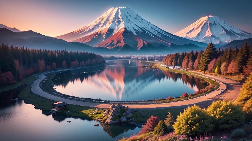 (Highest quality,4K,High resolution,Tabletop:1.2),Super detailed,,landscape, mount fuji, mount. Fuji is the main attraction,Increase the sky ratio,Water flow, (Like the picture) nature, (peaceful, Calm) Surroundings, (Sublime, Awe-inspiring) beauty,