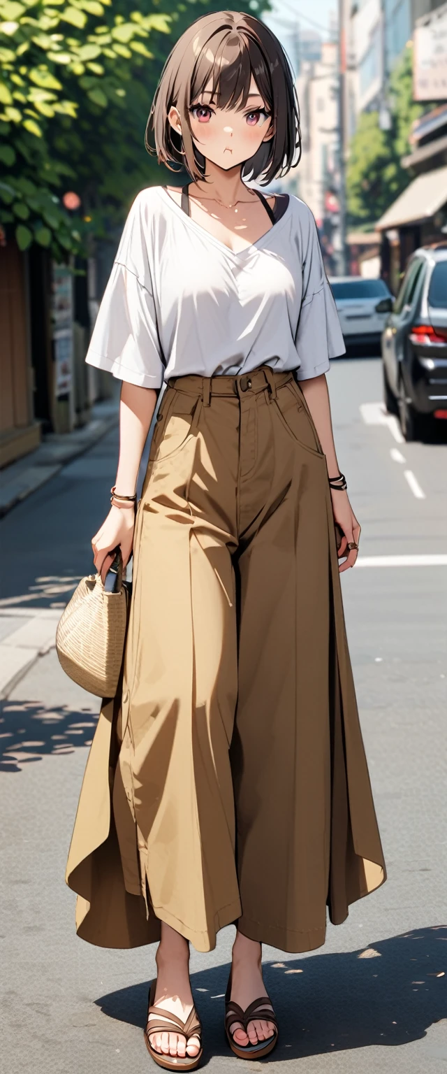 For casual wear: T-shirt+Denim shorts and open-neck shirt+Wide pants dress+Sandals