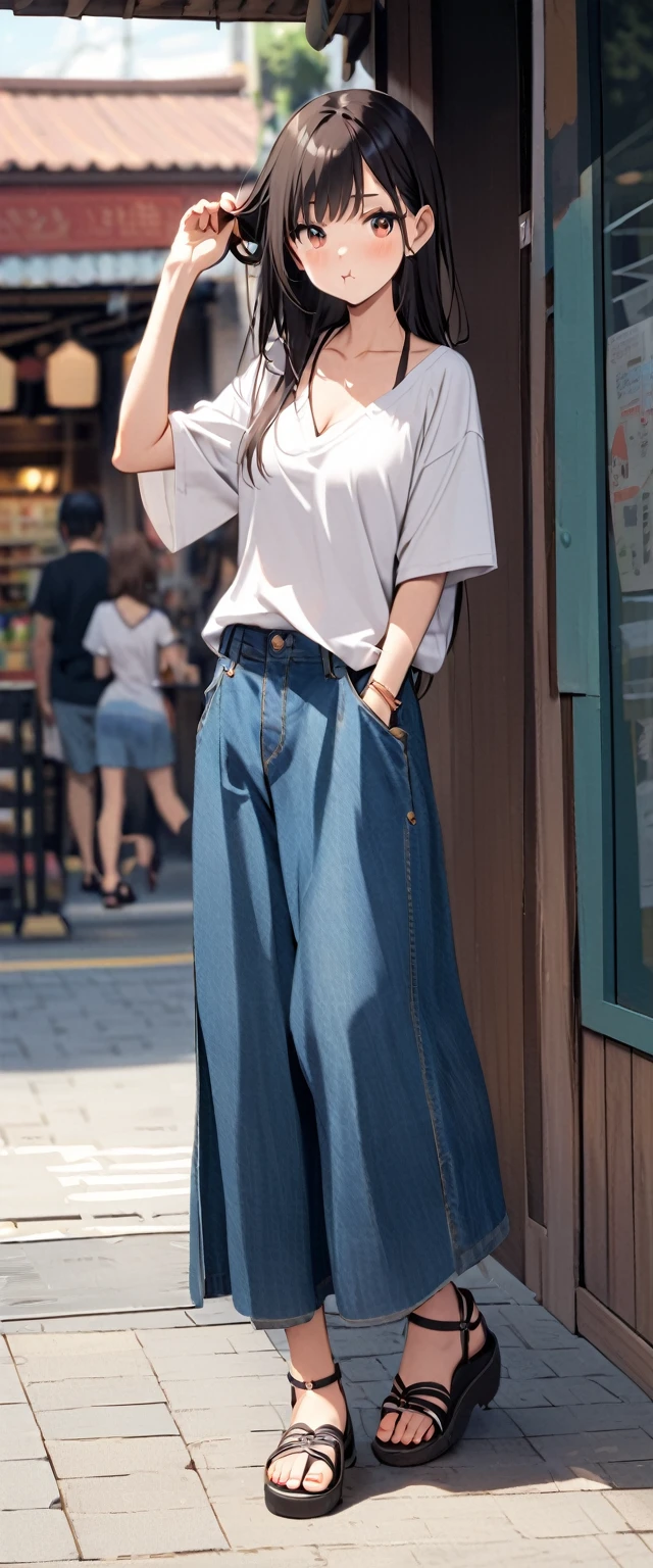 For casual wear: T-shirt+Denim shorts and open-neck shirt+Wide pants dress+Sandals