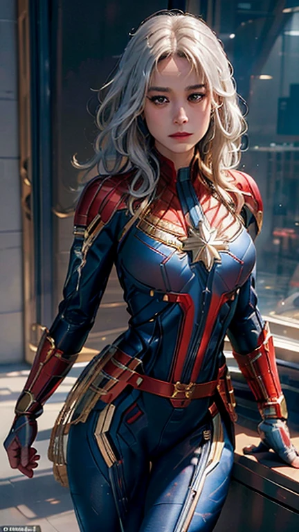 Brie Larson as Captain Marvel, photorealistic, high resolution, soft light,1women, solo, hips up, shining skin, (detailed face), captain marvel costume, white hair