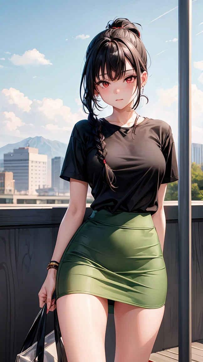 Girl1,alone,cowboy shot,triangle face,red eyes,black hair,braided ponytail hairstyle,green t-shirt,Pencil skirt,highly detailed,HD,thighs