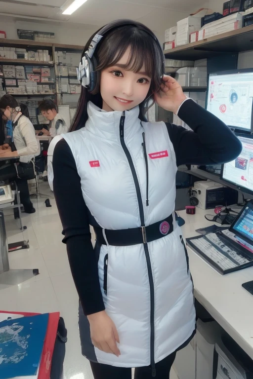 masterpiece, Highest quality, Very detailed, 8K Portrait,Japanese Android Girl,plump , Control panel,Robotic arms and legs, Blunt bangs,,break (Metallic Gray, Metallic luster, Mirror finish, Astro Best):5,headphone:5,break (Black sleeves):100,Smart Watches,Futuristic space station,Control Room,break headphone,blue eyes,(Black Hair):2,(Long Hair):1.3,Displaying the viewer,(respirator),break blush:3,Hidden Hand,smile
